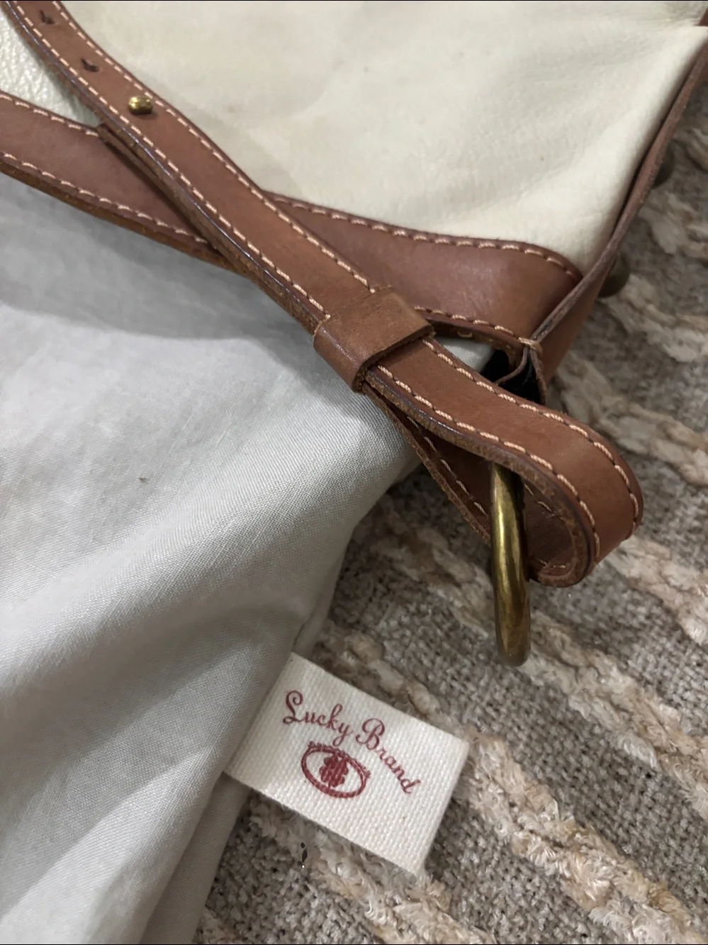 Lucky Brand Leather Crossbody Large Fold over Bag in Cream with Brown Trim -